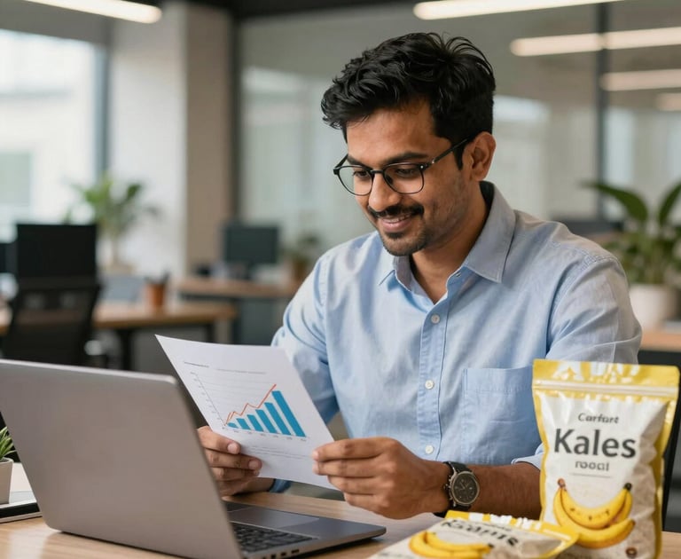 A businessman reviews data charts while snacking on healthy kale chips at his office desk.