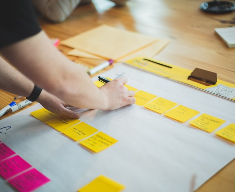 a person standing in front of a white board with sticky notes on it
