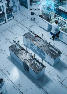 Planta arquitetônica de laboratório clínico com layout técnico para aprovação sanitária