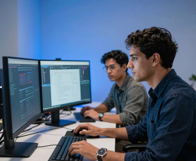 A medium shot photography of software developers and digital marketers working together in a contemporary Latin American / Hispanic Enterprise workspace, featuring sleek dual monitors, electric blue lighting backdrops, and an atmosphere of focus and innovation.