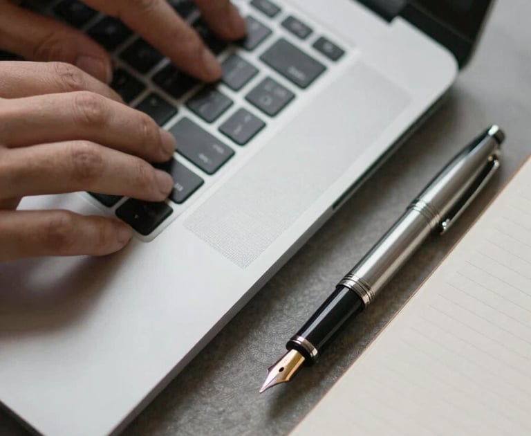 Tight macro shot of hands typing on a sleek laptop next to a high-end fountain pen and textured paper journal, soft indirect light