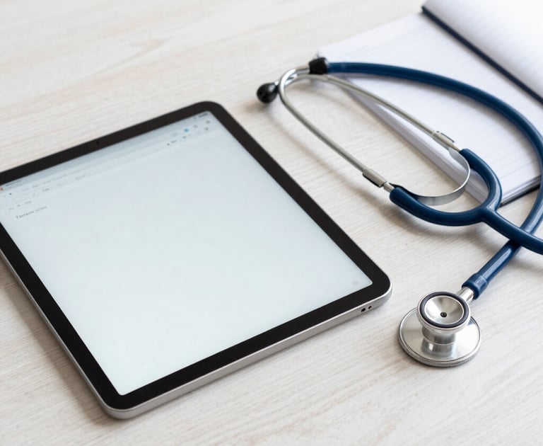 A minimalist and professional workspace setup, featuring a digital tablet showing a clean document outline, next to a modern stethoscope and a notebook on a light wooden table. The lighting is bright and clean, with a calm atmosphere utilizing white, soft blue, and deep navy tones.