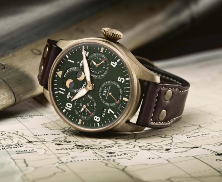 IWC Big Pilot’s Watch in bronze with moonphase complication and brown leather strap