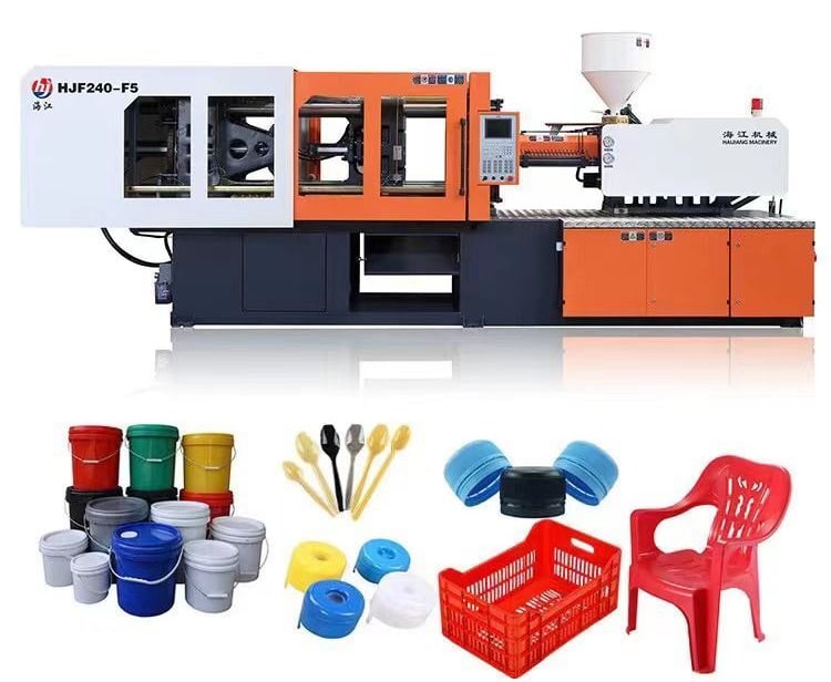 "Plastic injection molding machine with molded products- Alok Plastics India"