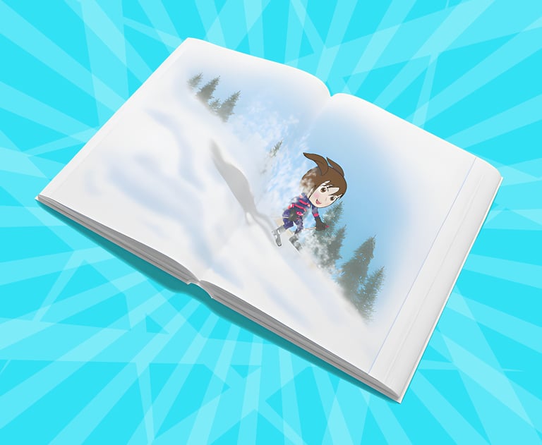 “Open children’s book with a girl skiing down a snowy hill among pine trees — playful winter illustration.”