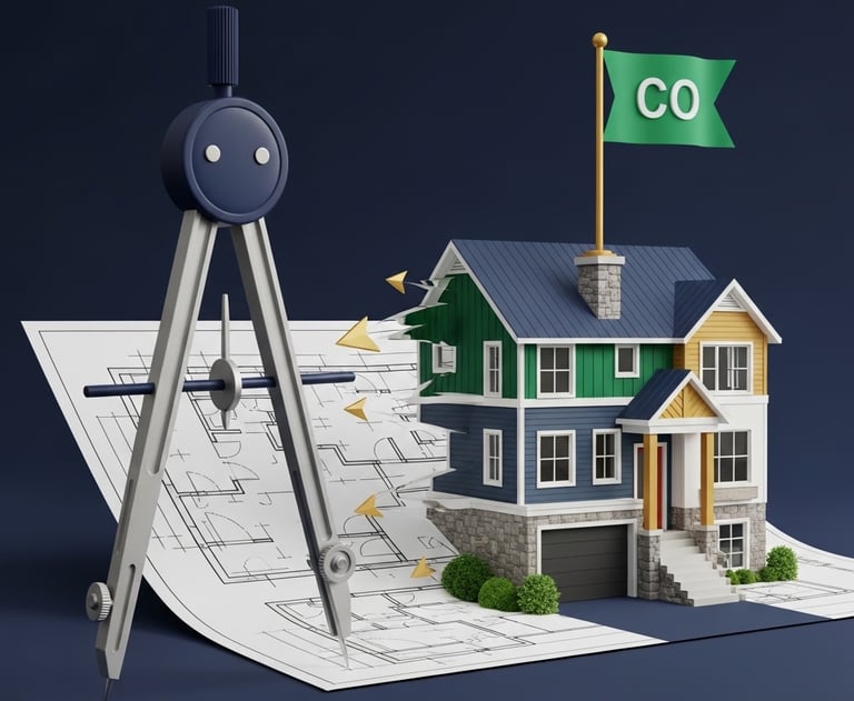 A 3D illustration of a drafting compass on a blueprint that evolves into a new construction home