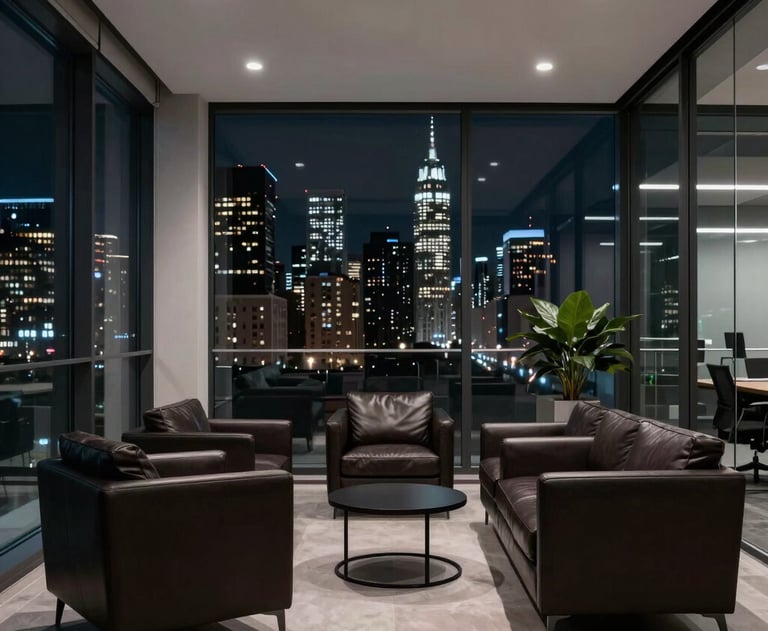 A minimalist North American office lounge at night, featuring dark leather furniture, glass walls, and a view of a glowing neon-lit city skyline.