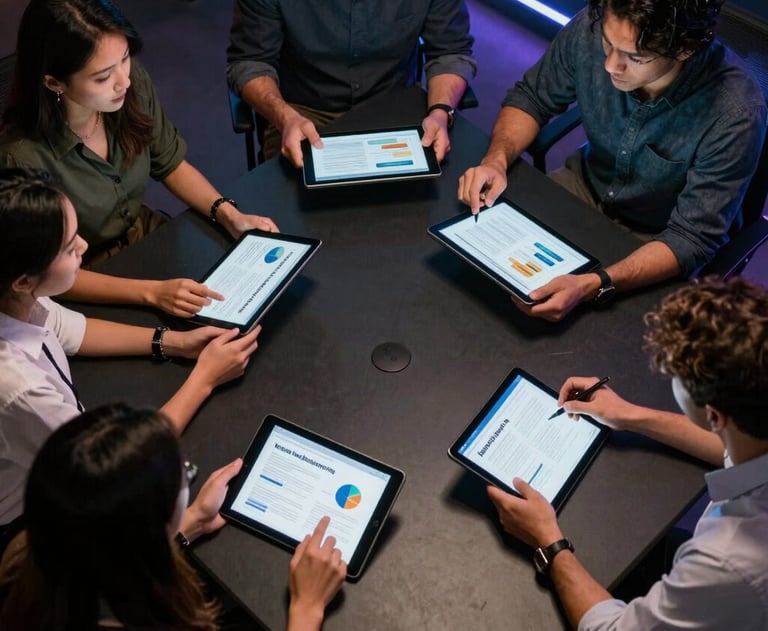A top-down view of a modern North American marketing team discussing digital strategy over high-end tablets and tablets in a dark, neon-accented room.