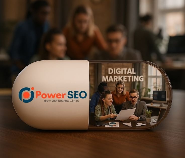 Power SEO digital marketing concept showing a team discussing strategies inside a capsule design.