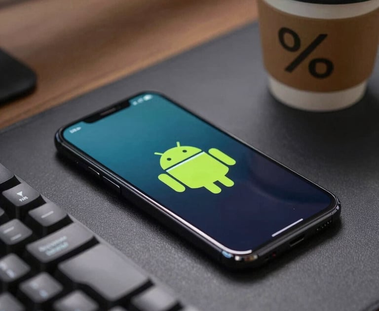 A close-up photograph of a professional developer's desk with an Android smartphone, a coffee cup, and a mechanical keyboard. High-quality photography, international tech style.