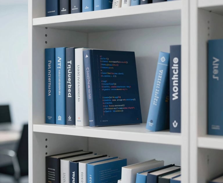 A clean, bright photograph of a modern tech office bookshelf with books on code, design, and innovation. Soft white and sky blue lighting.