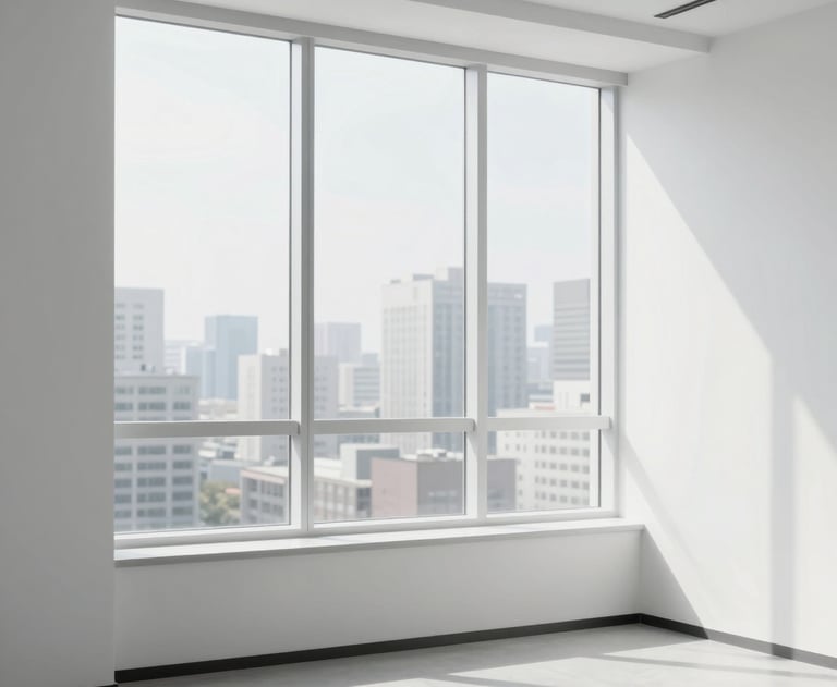 A minimalist photograph of a modern, white office space with a large window looking out at a bright cityscape. The setting is clean and highly professional, echoing the brand's reliability and clarity.