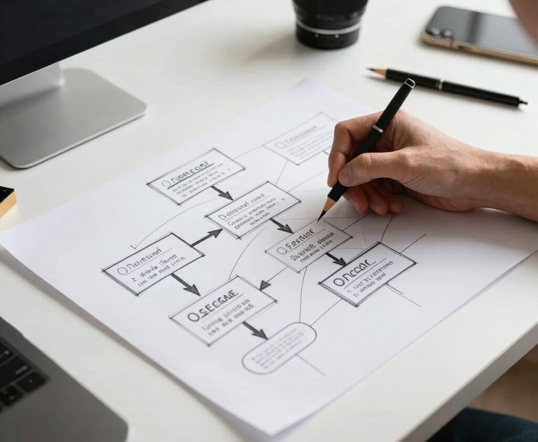 A high-contrast photograph showing a designer's hand sketching a user flow on a large sheet of paper. The desk is a clean white surface with various professional tools. Modern, process-oriented North American studio lighting.