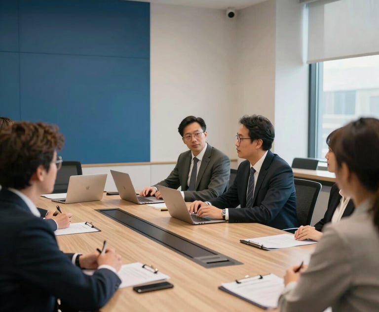 A professional and warm meeting room in North America where a strategy session is taking place, featuring clean lines and blue accents.