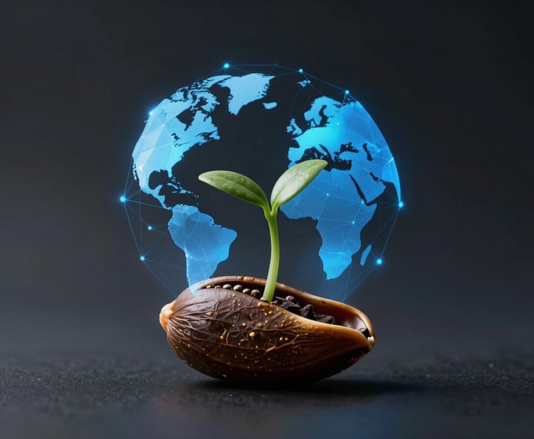 A conceptual photo of a seed growing into a geometric digital structure. Minimalist, artistic, dark background with Accent Blue light. North American / International.