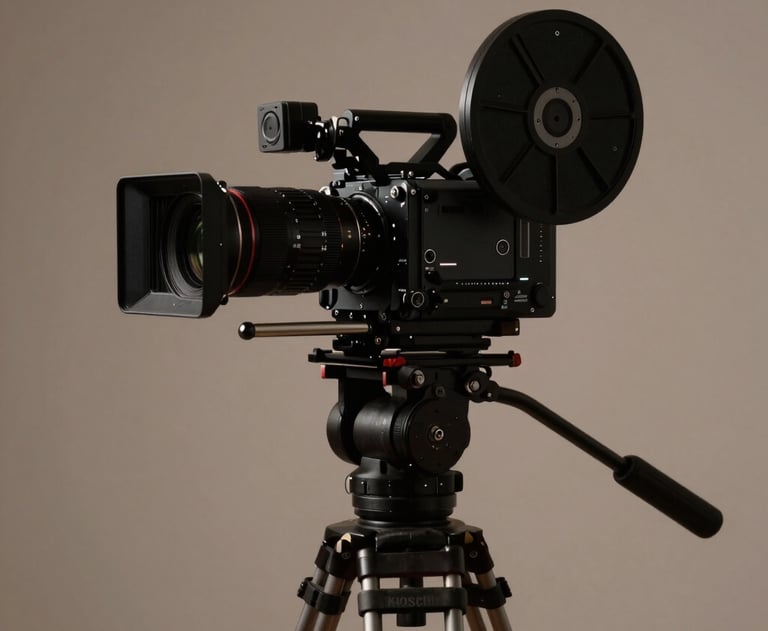 A side profile of a high-end cinema camera on a tripod, silhouetted against a soft taupe background. Professional and sophisticated.