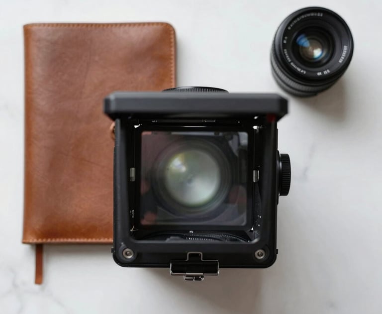 A flat lay of a director's viewfinder, a leather-bound notebook, and a small lens on a white marble surface. Clean, professional, and artistic.