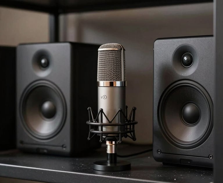 An aesthetic shot of studio gear on a dark shelf, including a microphone and a pair of monitors. Professional studio lighting in North America.
