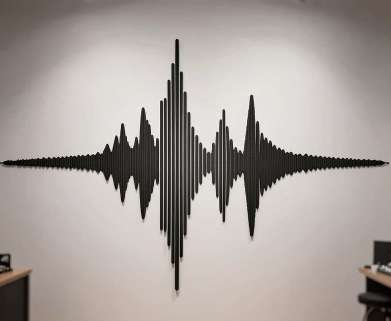 Clean, high-fidelity visualization of sound waves in a modern, light-filled studio. Minimalist and professional US-style atmosphere.