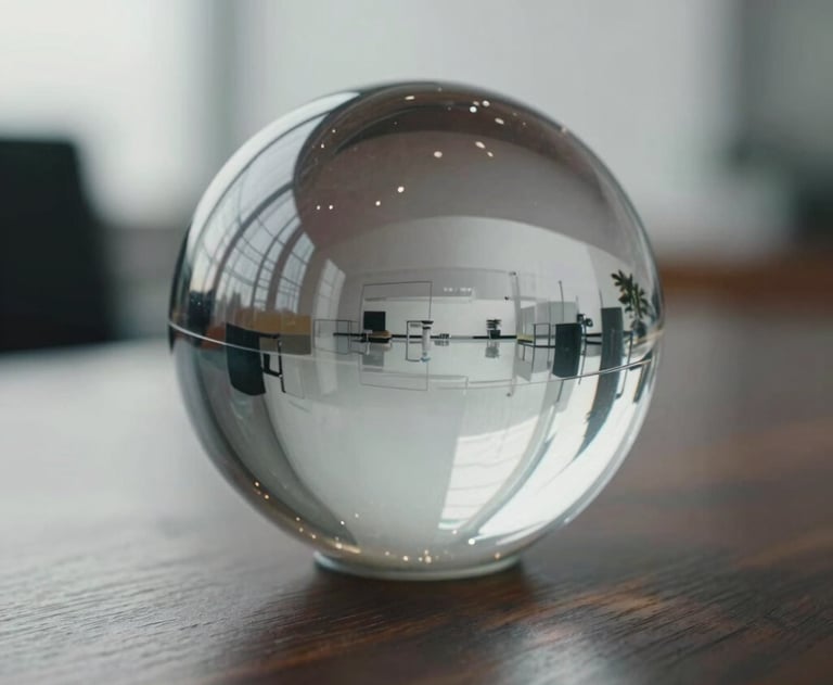 Close-up of a glass sphere on a dark wooden desk, reflecting a modern office environment. Soft, dreamy lighting, charcoal and white color scheme.