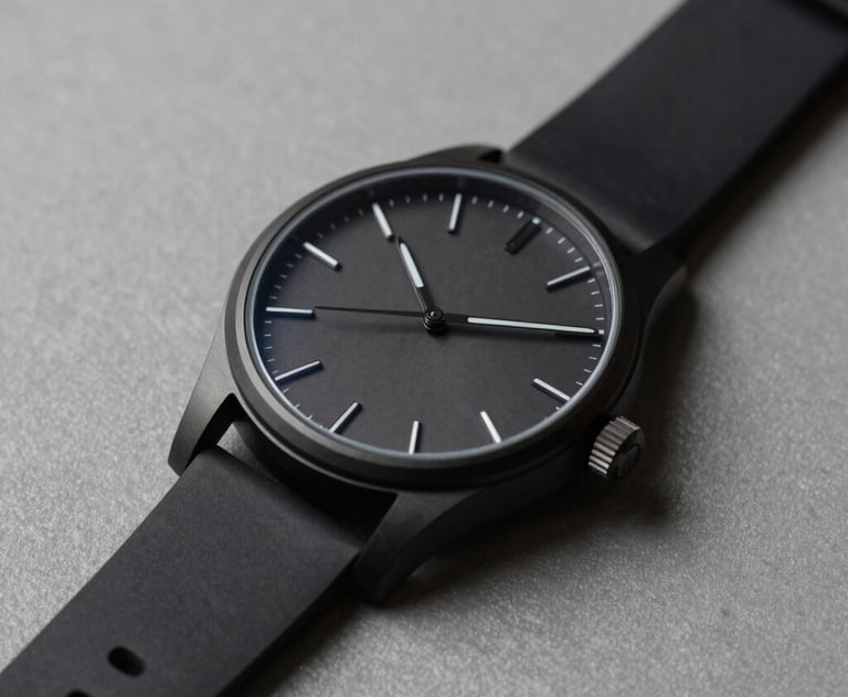 A minimalist black watch on a grey surface, representing precision and time management. Professional photography, neutral lighting, sophisticated vibe.