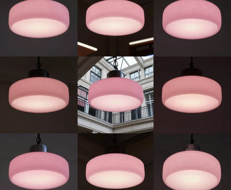 A collage style shot of pink lighting fixtures and architectural venue details in North America, with a professional design vibe.