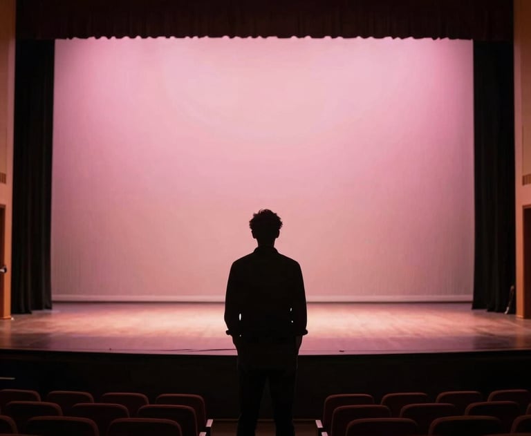 A silhouette of a lighting designer looking at an empty theater stage in North America, with a soft pink glow from the wings.