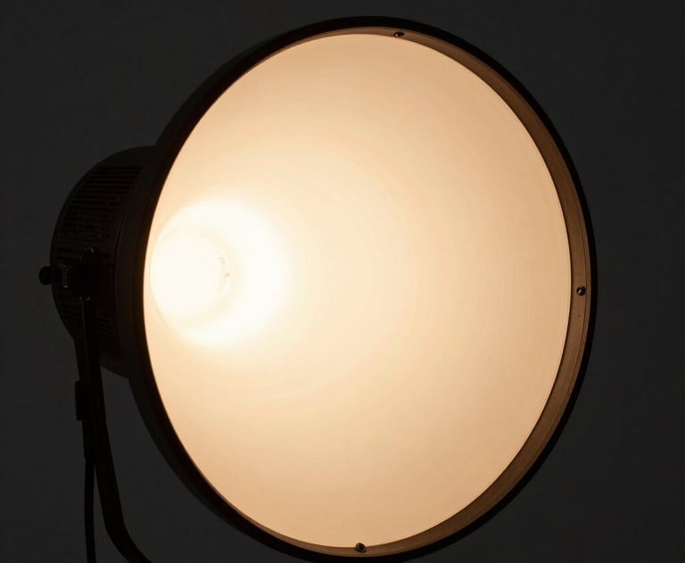 Close up shot of a film light with a terracotta gel, casting a soft warm glow in a dark studio room. Minimalist and refined.