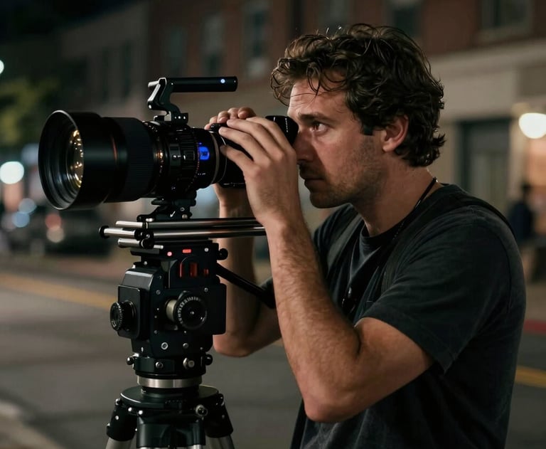 A cinematic shot of a film director looking through a viewfinder on a North American street at night. Moody, dark colors.