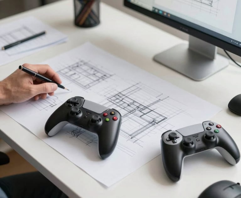 A professional designer at a large desk with architectural sketches and a game controller. Clean North American / US workspace. Modern aesthetics.
