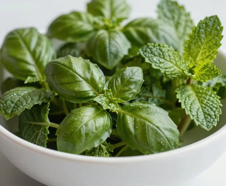 Close-up of various fresh, colorful herbs like basil and mint in a minimalist white bowl. Soft, natural light.
