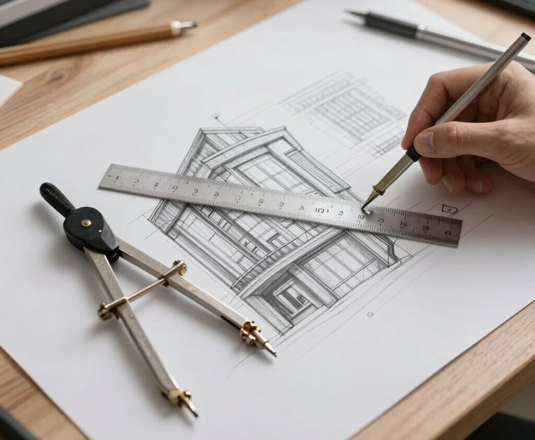A high-angle photo of a professional architectural drafting table with a T-square, compass, and detailed pencil drawings of a commercial building.