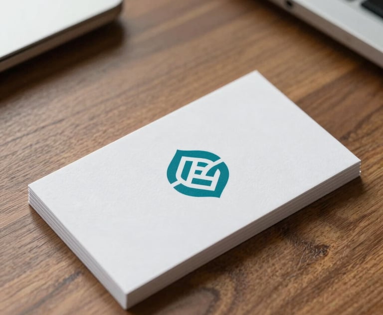Clean minimal shot of a professional white business card with a teal logo sitting on a wooden desk. Corporate office context.
