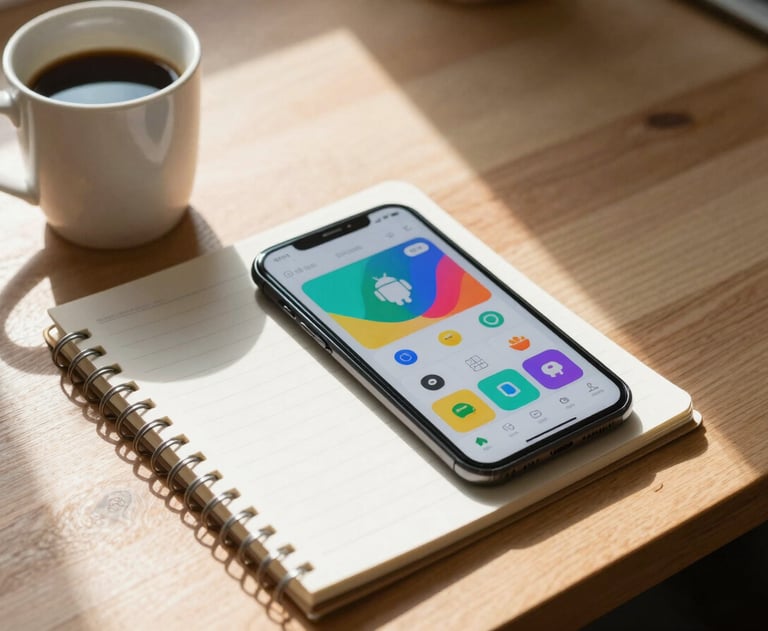 A designer's desk with a notepad, a coffee cup, and an Android phone showing a colorful app prototype. Warm, professional, International / European morning light.
