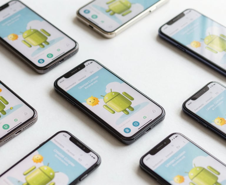 Clean, brightly lit flat-lay of several Android smartphones with different screen sizes, all showing the same playful app interface. International / European aesthetic.