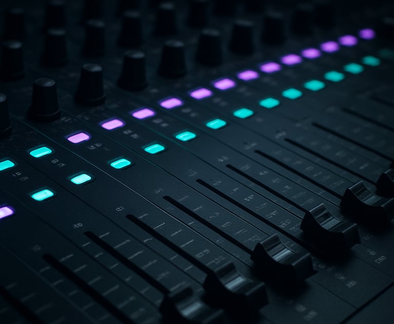 A close-up of a professional mixing console in a North American / US studio. The LED indicators glow in a sequence of neon teal and violet against a dark background.