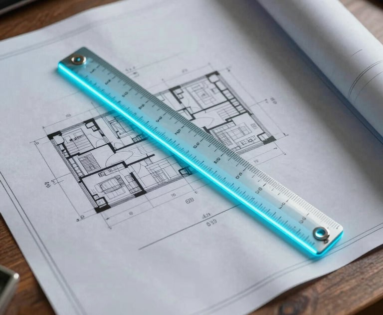 A top-down view of an architect's desk in a North American / US city. Blueprints are spread out, and a glowing neon cyan ruler lies across them, suggesting precision and planning.