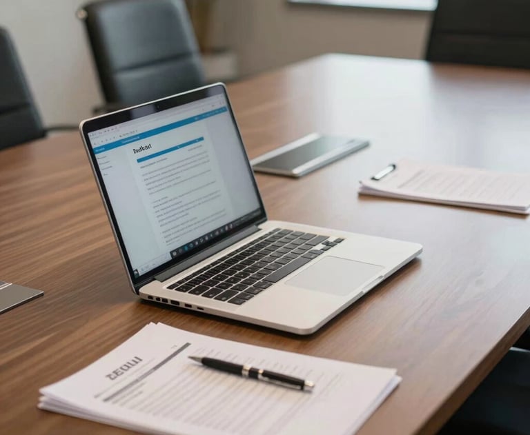 A professional photograph of a high-end corporate boardroom table in Delhi with a silver laptop and some business documents. The lighting is bright and optimistic.