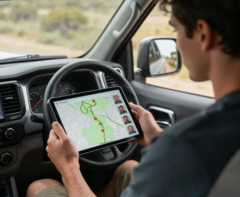 A man reviewing a digital tablet showing a trail map and creator profiles while sitting in the front seat of a 4WD truck. The interior is rugged and high-tech.