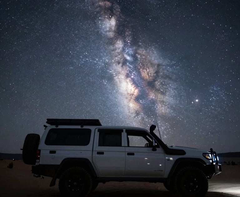 A silhouette of a rugged 4WD truck parked under a vast, starry night sky in the North American desert. The Milky Way is clearly visible above the rig.