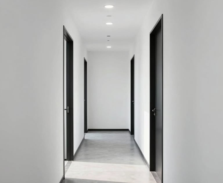 Clean photography of a modern, white-walled hallway in a North American office with black accents and bright natural light.