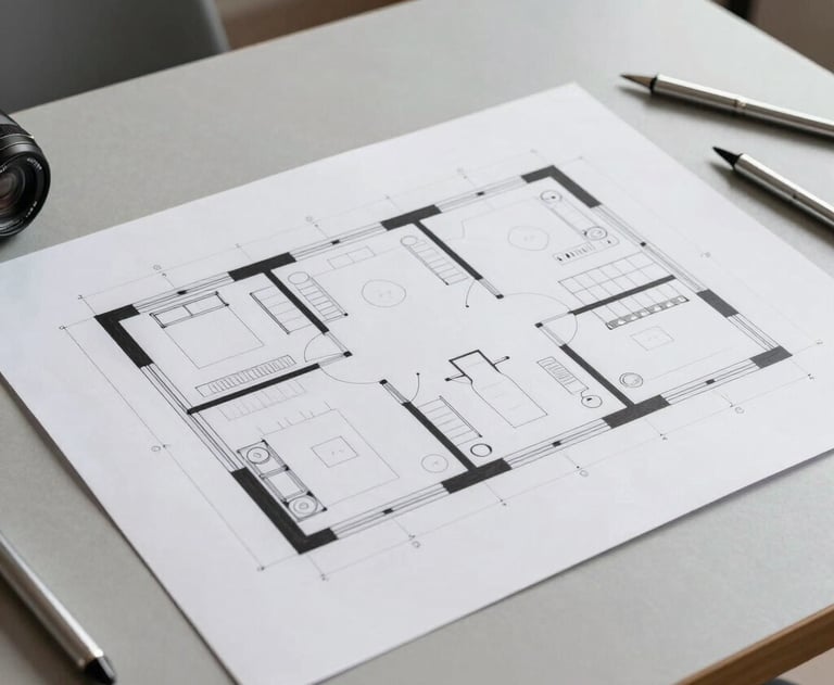 Photography of a clean, minimalist floor plan or blueprint on a light gray table, surrounded by silver drawing tools.