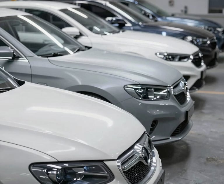 Workshop view of high-end car hoods lined up, each showing a different stage of the multi-layered paint process in French / Charente-Maritime.