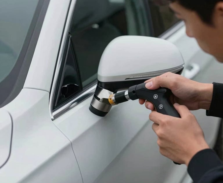 Artisan using a specialized tool to gently massage a small dent out of a luxury car door in French / Charente-Maritime.