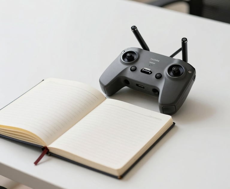 A clean, minimalist workspace with a notebook and a professional drone remote, symbolizing the planning process. Bright, natural South American / Brazilian daylight.