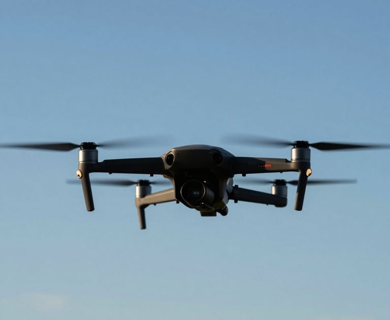 A professional drone silhouette against a clear blue sky in Brazil. Minimalist and clean composition highlighting technology.