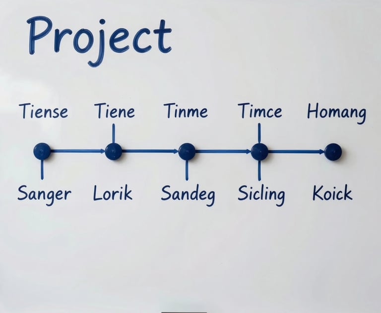 A clean, top-down shot of a project timeline drawn on a white board with navy blue markers.
