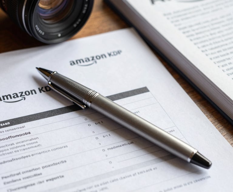 A close-up of a pen resting on top of an Amazon KDP report printed out on a desk, next to an academic journal.