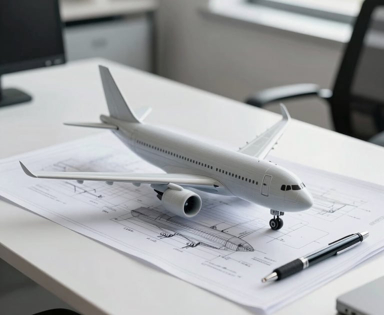 A clean, modern office desk with a 3D printed model of an airplane engine, blueprints, and a technical drawing pen, bright natural lighting, professional vibe.