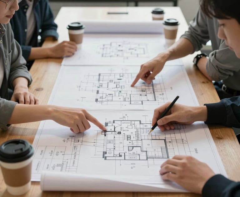 A large meeting table with students reviewing a long roll of technical blueprints, hands pointing at details, coffee cups, bright collaborative workspace.